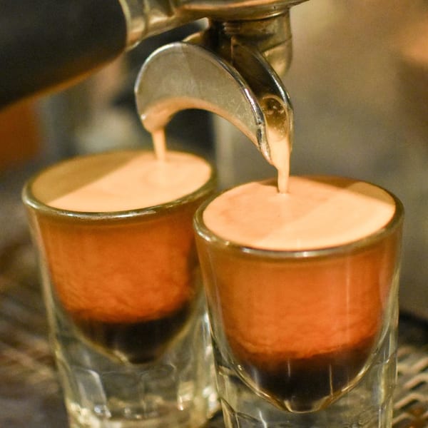 Espresso machine pouring two shots of coffee with rich crema into small glasses.
